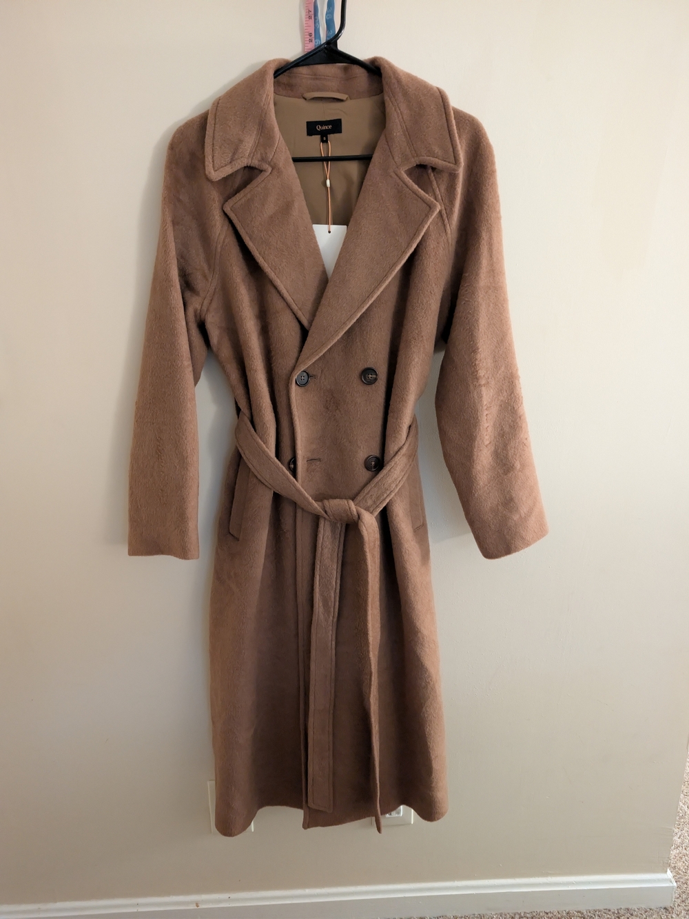 NWT Quince 100% Camel Hair Double-Breasted Long Wrap Coat in Mocha Brown Small